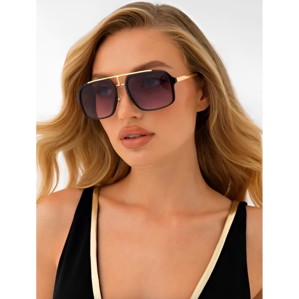 Women Oversized Square Fashion Sunglasses Black Gold Flat Top Gradient Lenses - Picture 5 of 11